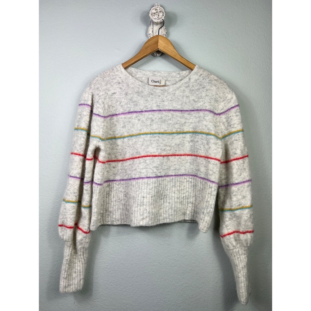 Charli Sweater Womens L Gray Rainbow Stripe Alpaca Wool Blend Cropped Pullover